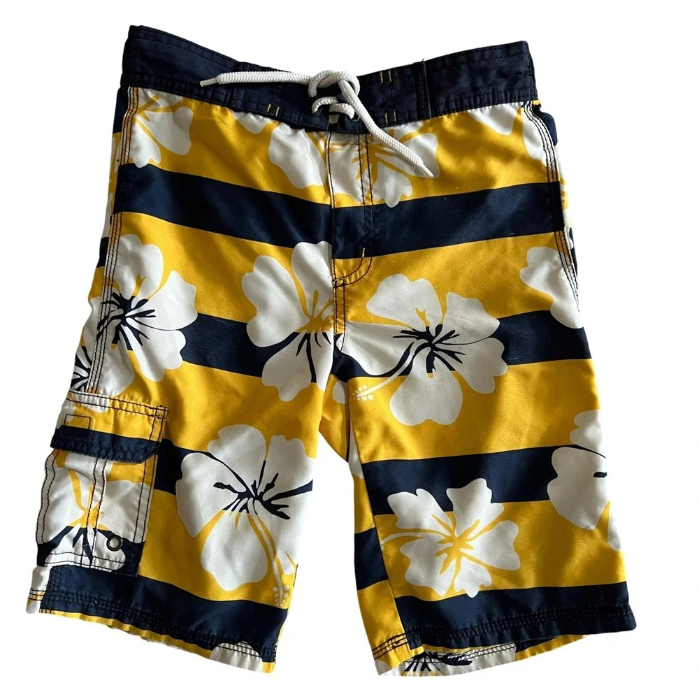 Gymboree Swim Trunks Size 7 Yellow Navy Blue Excellent Hibiscus Striped Cargo